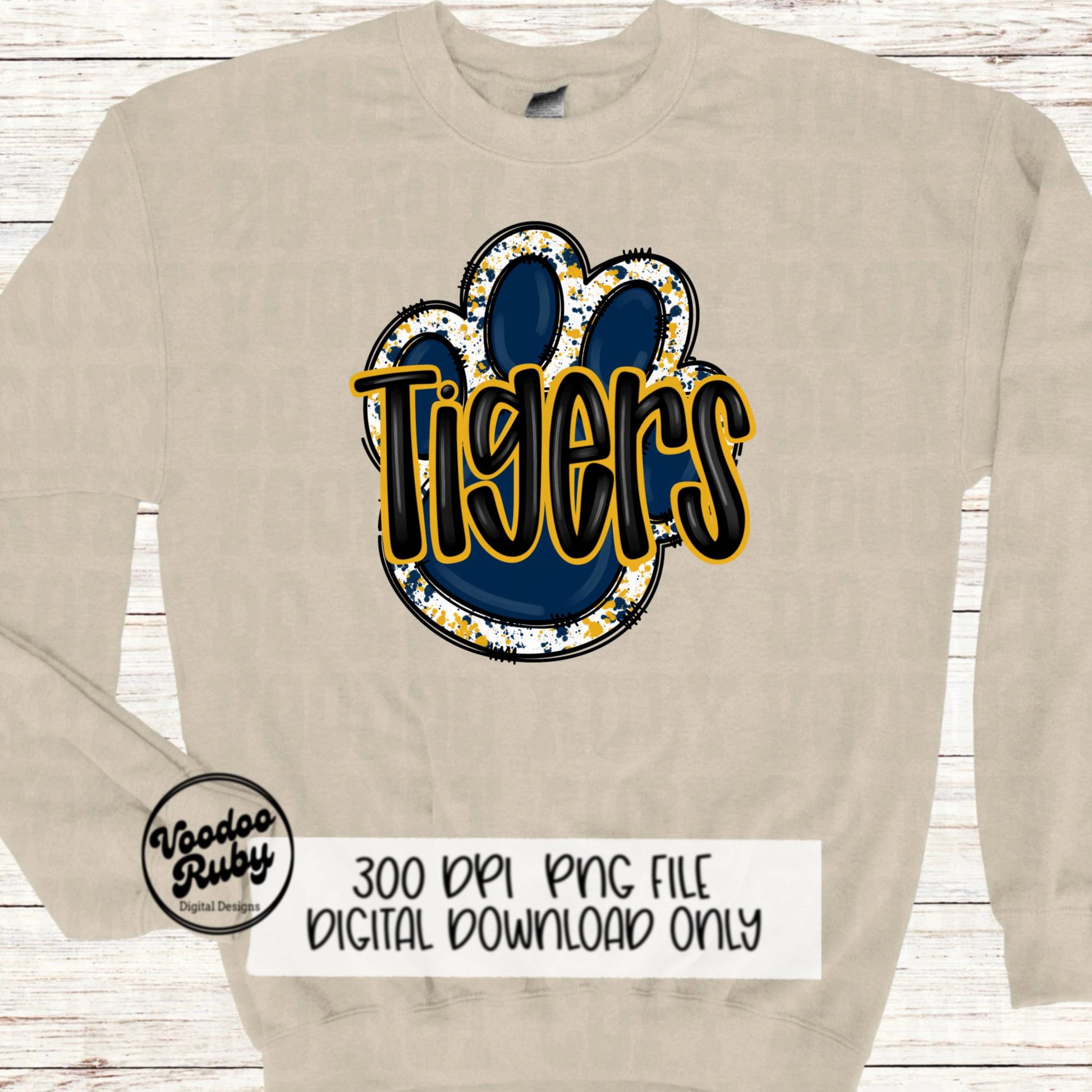 Tigers PNG Design Navy Blue Gold Yellow Hand Drawn Digital Download Football PNG Paw Print Sublimation Design Tigers Football DTF Printable