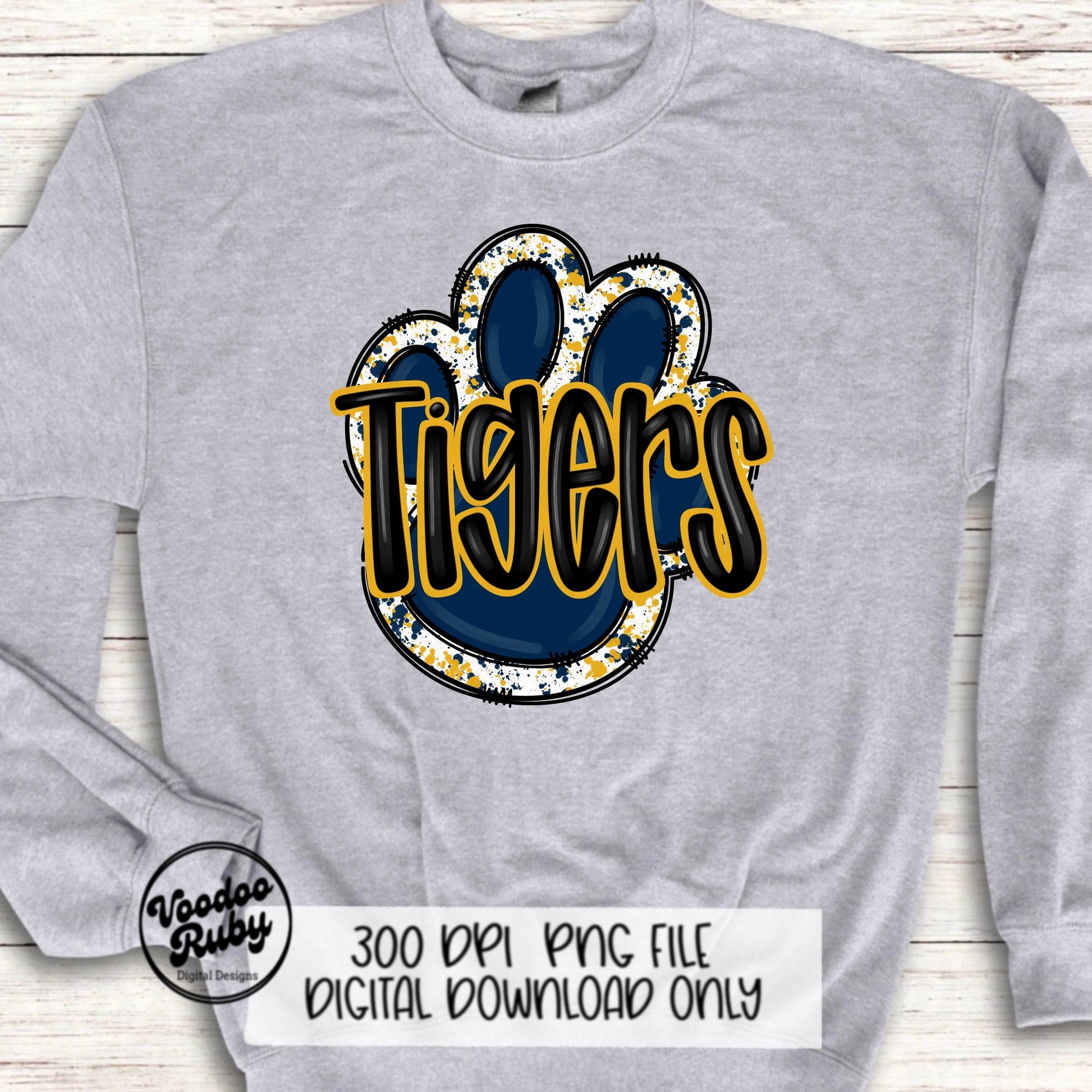 Tigers PNG Design Navy Blue Gold Yellow Hand Drawn Digital Download Football PNG Paw Print Sublimation Design Tigers Football DTF Printable
