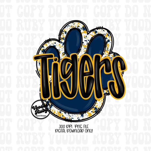 Tigers PNG Design Navy Blue Gold Yellow Hand Drawn Digital Download Football PNG Paw Print Sublimation Design Tigers Football DTF Printable