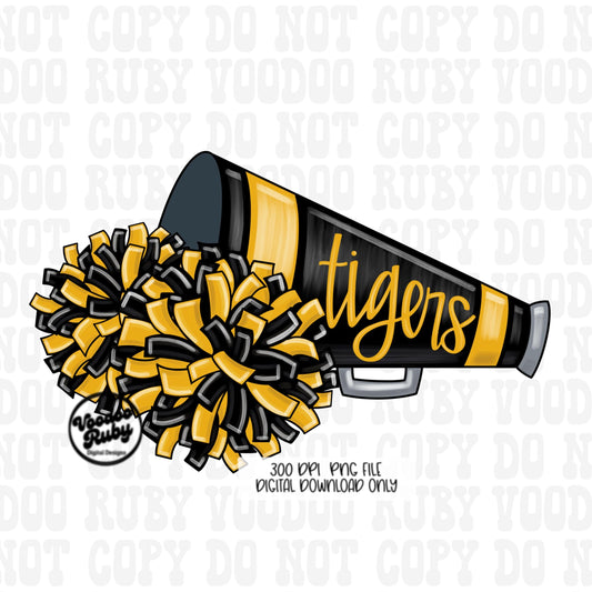 Tigers Cheer PNG Design Sublimation Hand Drawn Digital Download Football PNG Black Gold Tigers png Cheerleader Megaphone DTF Printable