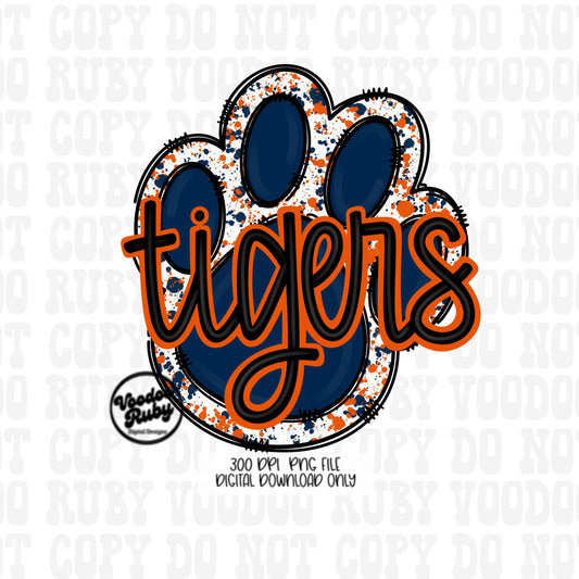 Tigers PNG Design Sublimation Hand Drawn Digital Download Sublimation Football PNG Blue Orange Tigers Paw Print DTF Printable Clip Art