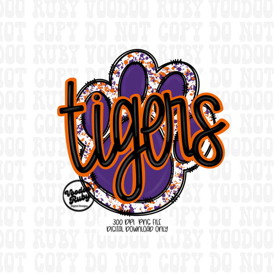Tigers PNG Design Sublimation Purple Orange Hand Drawn Digital Download Football PNG Paw Print Tigers Football DTF Printable