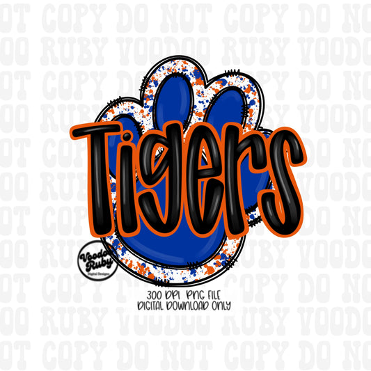 Tigers PNG Design Blue Orange Hand Drawn Digital Download Football PNG Paw Print Sublimation Design Tigers Football DTF Printable