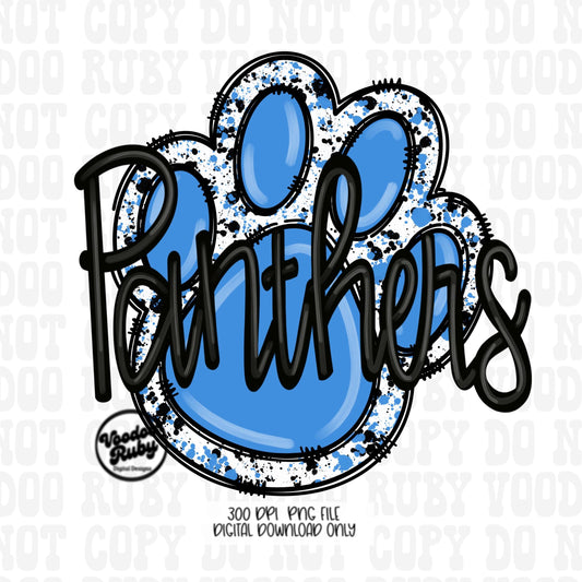 Panthers PNG Sublimation Design Hand Drawn Digital Download Football PNG Light Blue and Black Paw Print Clip Art Printable