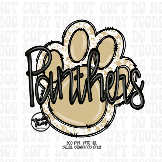 Panthers PNG Design Gold Hand Drawn Digital Download Sublimation Football Gold Panthers Paw Print PNG DTF Printable Mascot Clip Art
