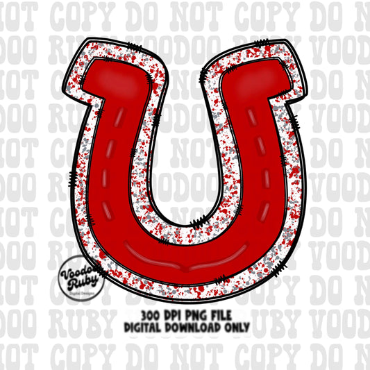 May include: A red horseshoe with white and gray paint splatters. The horseshoe has a black outline and a white background. The text &#39;300 DPI PNG FILE DIGITAL DOWNLOAD ONLY&#39; is at the bottom of the image.
