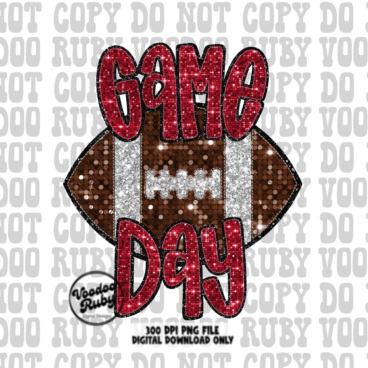 May include: Game Day sublimation design featuring a brown and silver glitter football with red glitter text. The words 'Game Day' are prominently displayed.  The design is a 300 DPI PNG file for digital download only. The football graphic is decorated with a silver glitter texture, and the text is in a bold, red glitter font. The overall theme is sports and game day celebrations. This digital download is perfect for creating custom apparel, mugs, or other merchandise.
