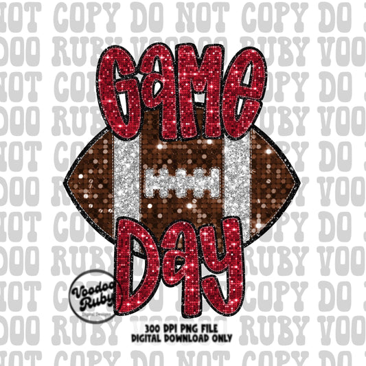 May include: Game Day sublimation design featuring a brown and silver glitter football with red glitter text. The words 'Game Day' are prominently displayed.  The design is a 300 DPI PNG file for digital download only. The football graphic is decorated with a silver glitter texture, and the text is in a bold, red glitter font. The overall theme is sports and game day celebrations. This digital download is perfect for creating custom apparel, mugs, or other merchandise.