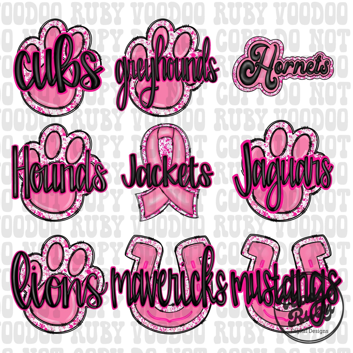 Pink Mascot PNG Bundle: Paw Print, Football, October Awareness (Digital Download)