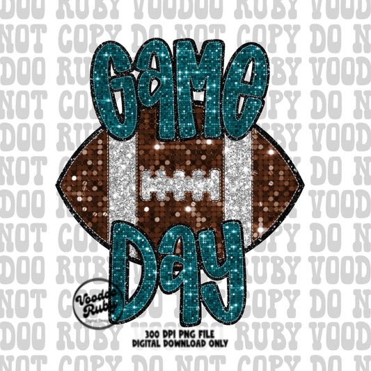 May include: Game Day sublimation design featuring a brown and silver glitter football with teal glitter text. The words 'Game Day' are prominently displayed.  The design is a 300 DPI PNG file for digital download only.  It's perfect for creating iron-on transfers, apparel graphics, or other crafting projects. The football graphic has a sparkly, glittery texture. The teal and brown color scheme is eye-catching and festive.