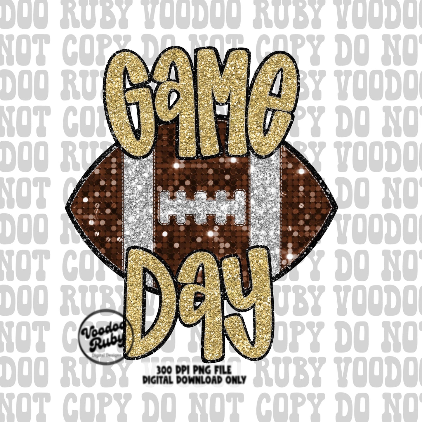 May include: Game Day sublimation design featuring a brown and silver glitter football with gold glitter text. The words &#39;Game Day&#39; are prominently displayed.  The design is a 300 DPI PNG file for digital download only.  It&#39;s perfect for creating custom apparel, mugs, or other crafts.