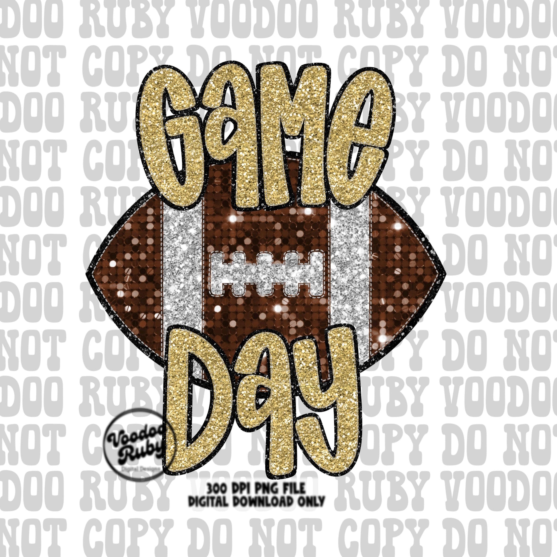May include: Game Day sublimation design featuring a brown and silver glitter football with gold glitter text. The words &#39;Game Day&#39; are prominently displayed.  The design is a 300 DPI PNG file for digital download only.  It&#39;s perfect for creating custom apparel, mugs, or other crafts.