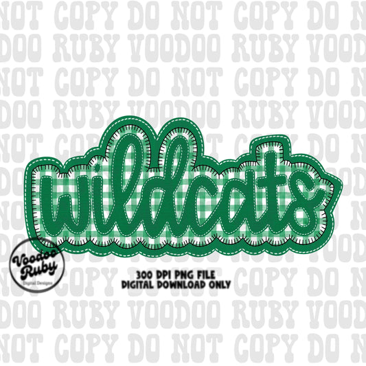 May include: Digital download of a 300 DPI PNG file featuring the word &#39;Wildcats&#39; in a green and white gingham pattern. The text has a stitched appearance and is ideal for creating team spirit designs, apparel, or school projects.  The design is outlined in dark green and the background is white with repeating text that says &#39;Do Not Copy&#39;. The file is for digital download only.