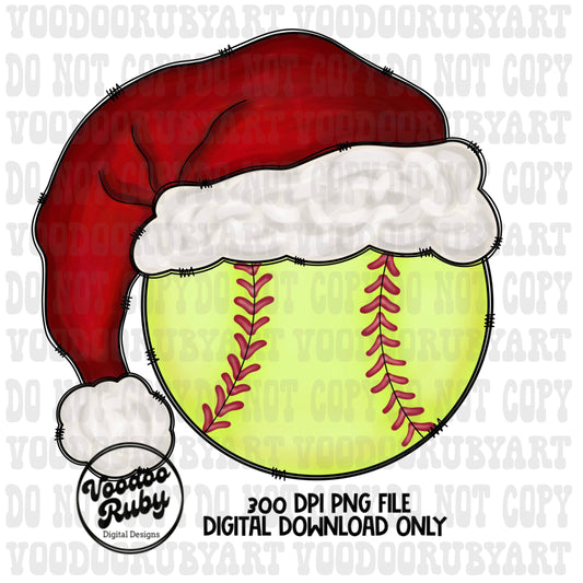 May include: A yellow softball with red stitching wearing a red Santa hat with a white trim. The text &#39;Voodoo Ruby Digital Designs&#39; and &#39;300 DPI PNG FILE DIGITAL DOWNLOAD ONLY&#39; is at the bottom of the image.