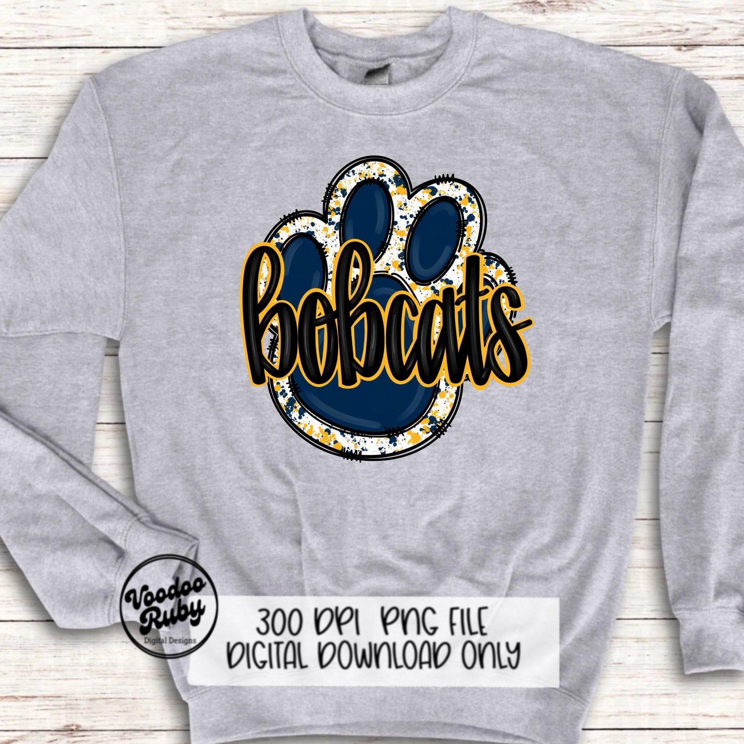 Bobcats PNG Design Sublimation Hand Drawn Digital Download Football PNG Blue Yellow Gold Bobcats Mascot Paw Print DTF Printable