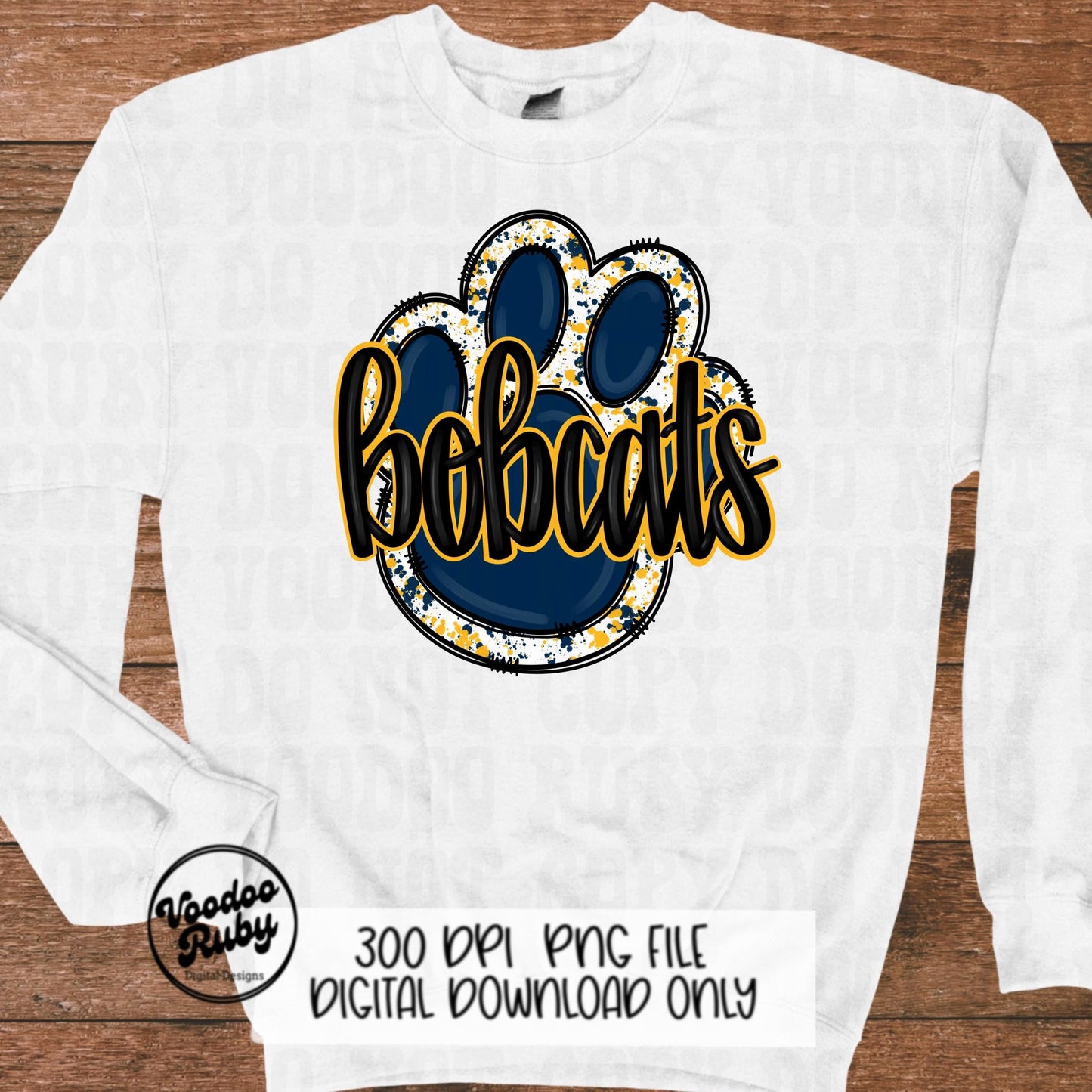Bobcats PNG Design Sublimation Hand Drawn Digital Download Football PNG Blue Yellow Gold Bobcats Mascot Paw Print DTF Printable