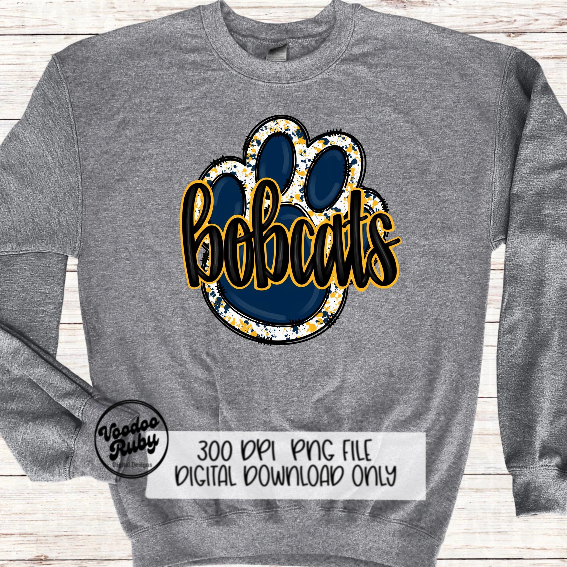 Bobcats PNG Design Sublimation Hand Drawn Digital Download Football PNG Blue Yellow Gold Bobcats Mascot Paw Print DTF Printable