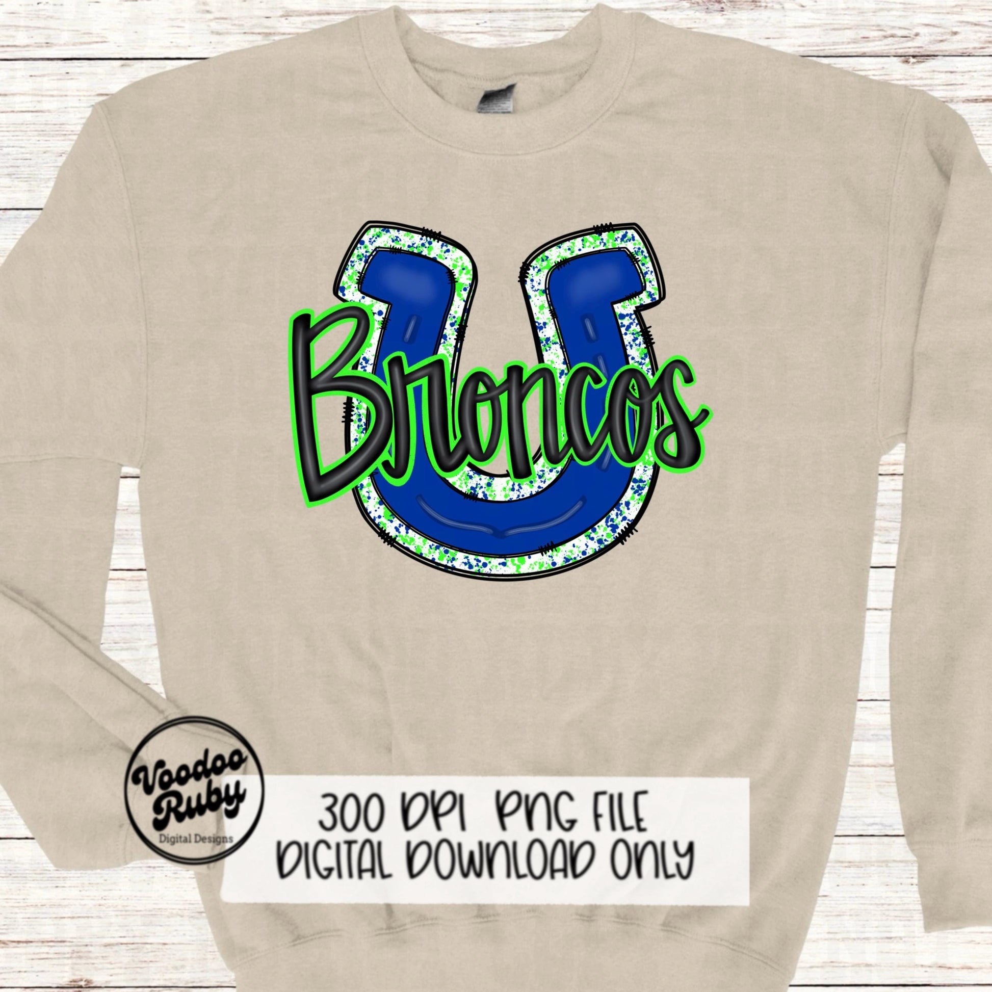 Broncos PNG Design Hand Drawn Digital Download Football PNG Broncos Sublimation Design Blue Lime Green Broncos Football DTF Printable