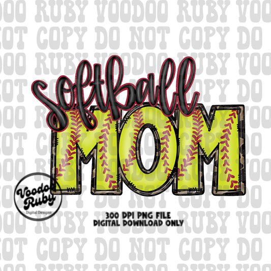 May include: Softball Mom text with a yellow softball background with red stitching and a leopard print overlay. The text is in black with a red outline. The text '300 DPI PNG FILE DIGITAL DOWNLOAD ONLY' is at the bottom of the image.