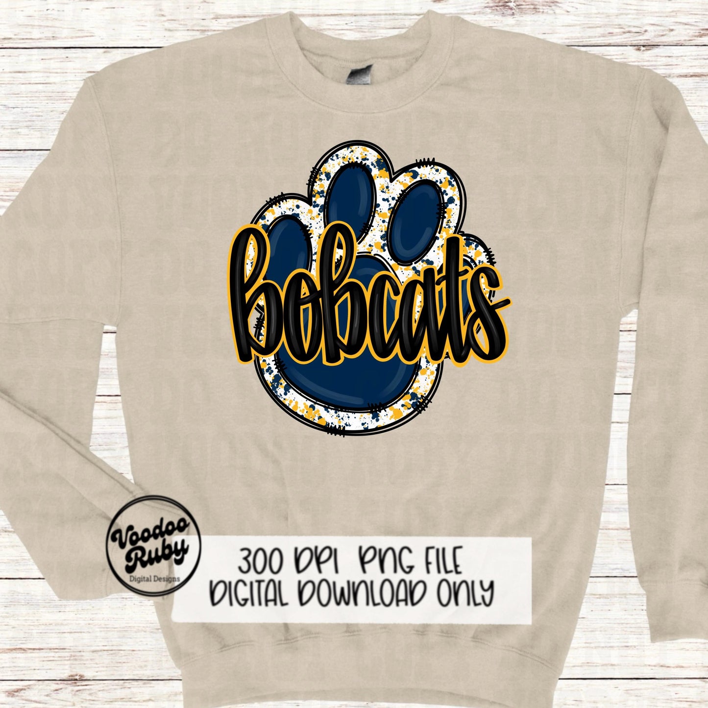 Bobcats PNG Design Sublimation Hand Drawn Digital Download Football PNG Blue Yellow Gold Bobcats Mascot Paw Print DTF Printable