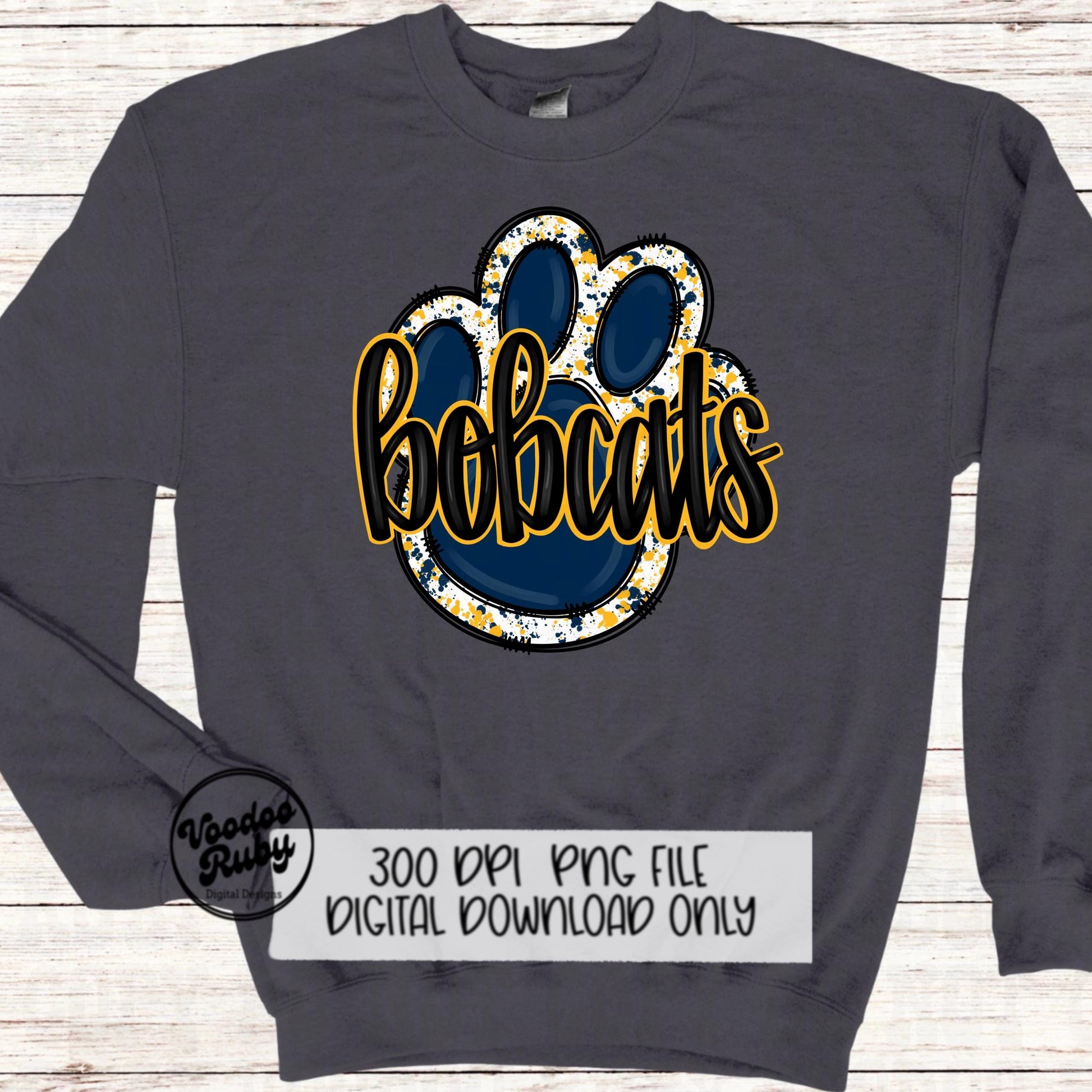 Bobcats PNG Design Sublimation Hand Drawn Digital Download Football PNG Blue Yellow Gold Bobcats Mascot Paw Print DTF Printable