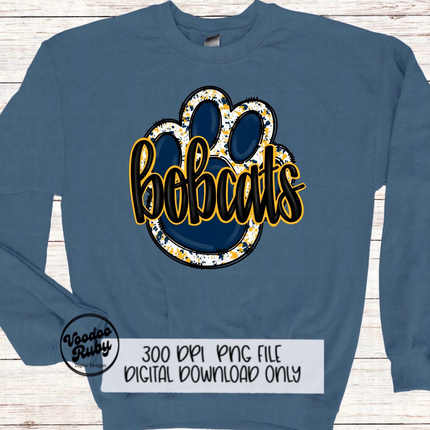 Bobcats PNG Design Sublimation Hand Drawn Digital Download Football PNG Blue Yellow Gold Bobcats Mascot Paw Print DTF Printable